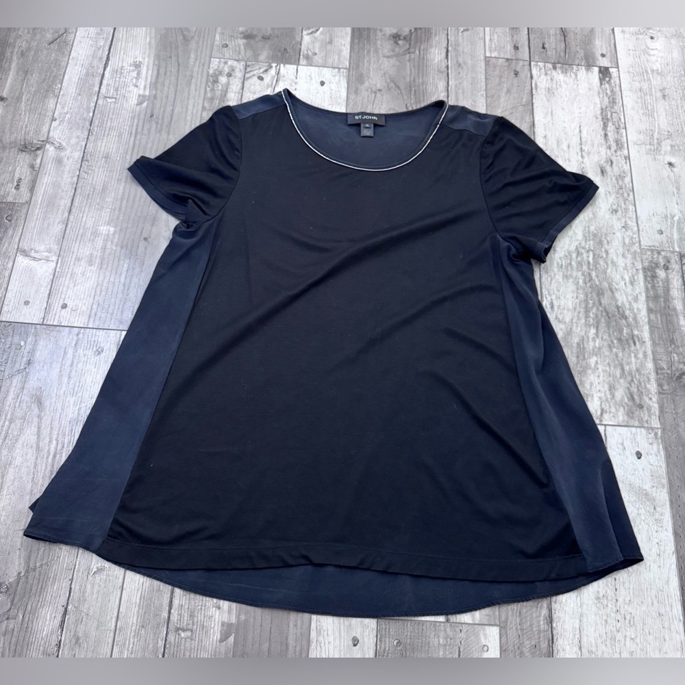 St John Women's Silk Lyocell Rhinestone Short Sleeve T-Shirt Top XL
